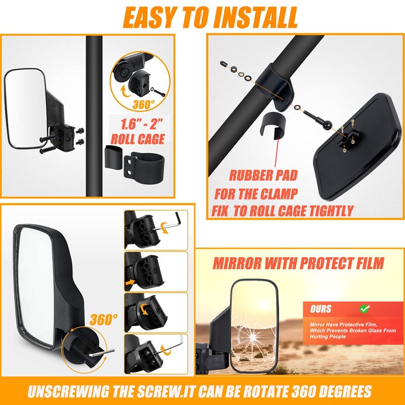 RANSOTO UTV Side Rear view Mirror And Center Mirror for 1.6" to 2" Bar Compatible with Polaris RZR Ranger Can-Am Maverick Commander Yamaha Rhino Kawasaki Teryx Honda Pioneer Talon Arctic Cat ZForce - Image 3
